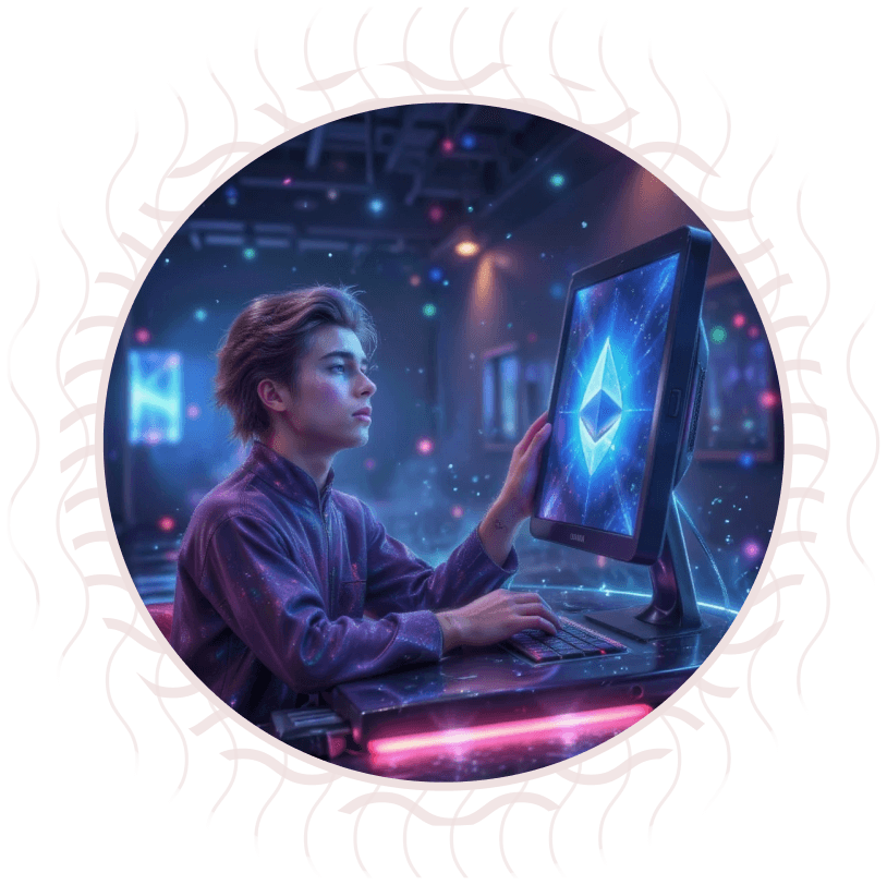 Young man at a computer in a futuristic setting, with a monitor displaying the Ethereum symbol in the center of a glowing design