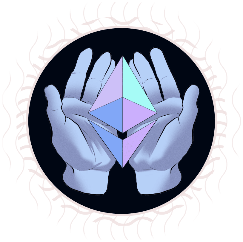 Due mani stilizzate che sorreggono il simbolo di Ethereum, su sfondo scuro con motivo circolare.