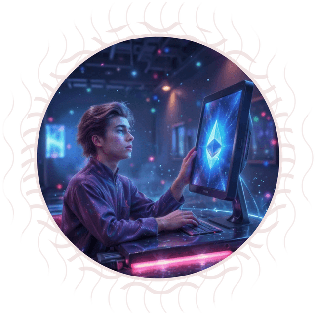 Young man at a computer in a futuristic setting, with a monitor displaying the Ethereum symbol in the center of a glowing design