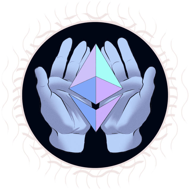 Due mani stilizzate che sorreggono il simbolo di Ethereum, su sfondo scuro con motivo circolare.
