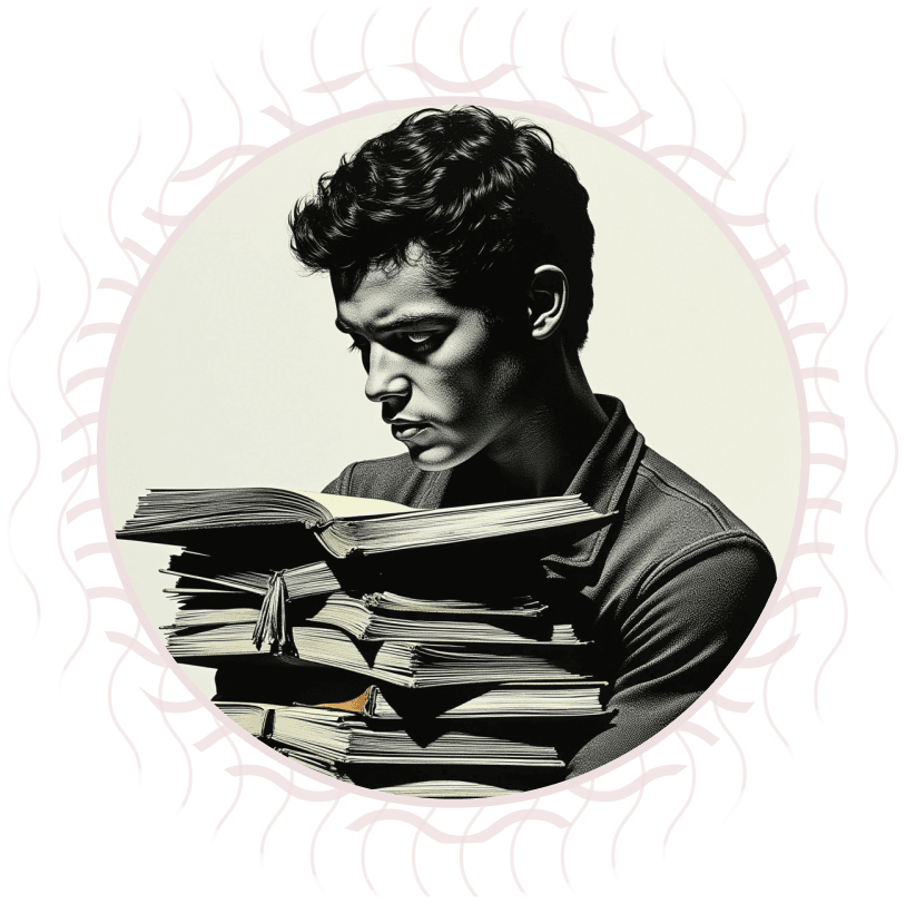 Giovane uomo che legge con espressione seria, circondato da una pila di libri aperti.