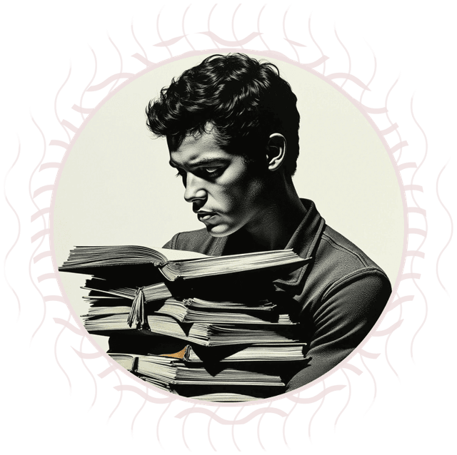 Giovane uomo che legge con espressione seria, circondato da una pila di libri aperti.