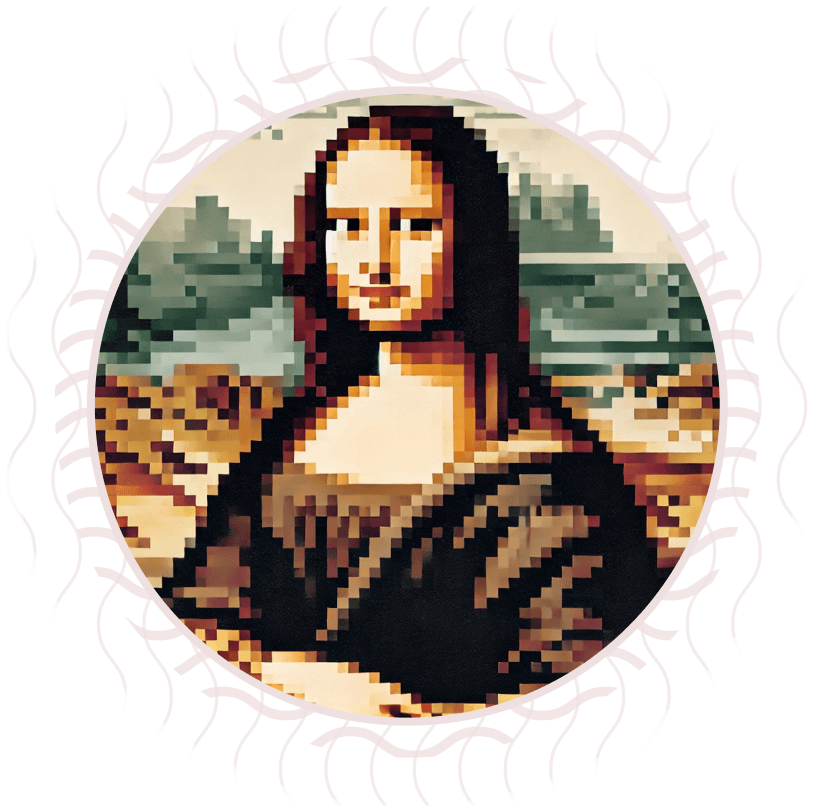 Rielaborazione digitale della Gioconda in stile pixel art, con sfondo paesaggistico sfocato.