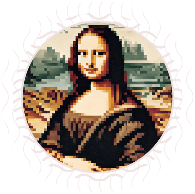 Rielaborazione digitale della Gioconda in stile pixel art, con sfondo paesaggistico sfocato.