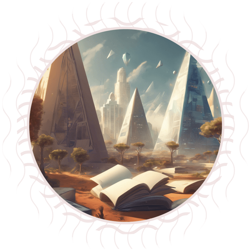 Paesaggio futuristico con piramidi di vetro e alberi. In primo piano, un libro aperto su una superficie sabbiosa.