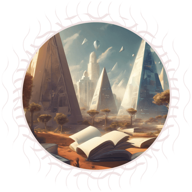 Paesaggio futuristico con piramidi di vetro e alberi. In primo piano, un libro aperto su una superficie sabbiosa.
