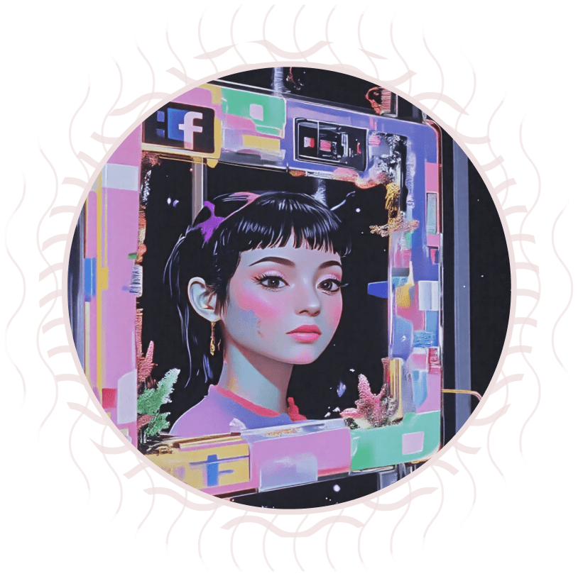 Ritratto stilizzato di una donna con sfondo digitale colorato, decorato con icone e simboli social.