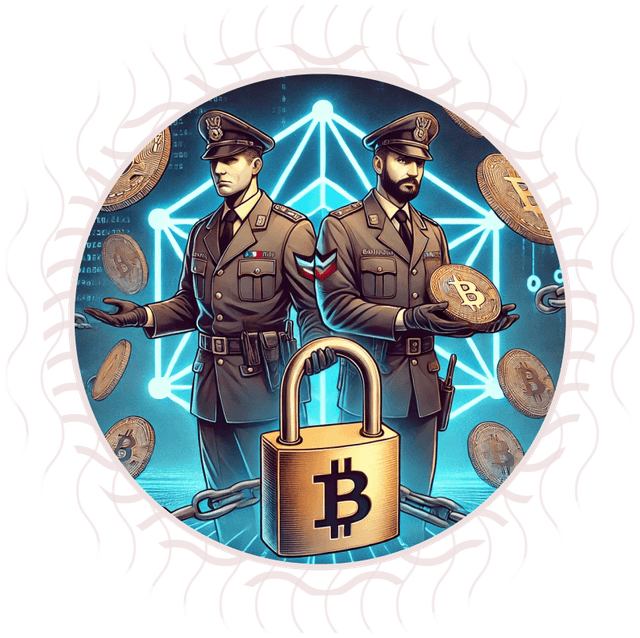 Due carabinieri in uniforme, circondati da monete digitali e simboli di blockchain. In primo piano, un lucchetto con il simbolo del Bitcoin.