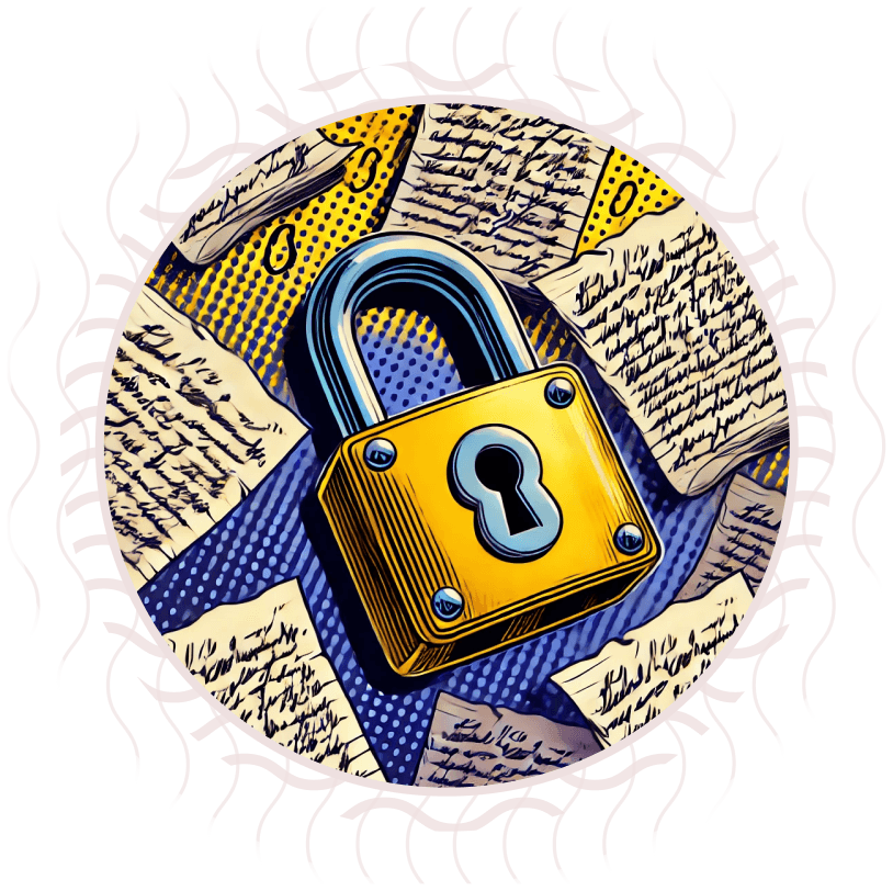 Padlock on written documents, symbolizing copyright protection and security against plagiarism in the age of artificial intelligence.