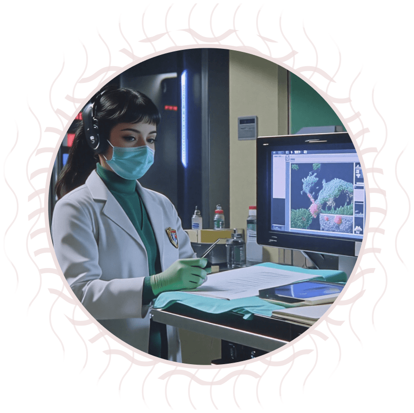 Ricercatrice in laboratorio con mascherina e camice bianco, annota dati mentre guarda uno schermo con immagini di analisi.
