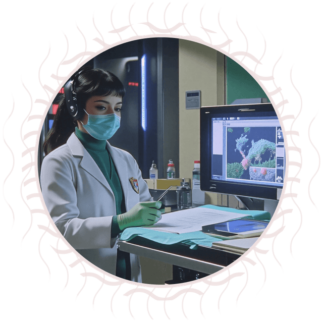 Ricercatrice in laboratorio con mascherina e camice bianco, annota dati mentre guarda uno schermo con immagini di analisi.