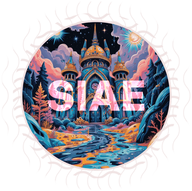 Illustration of a colorful fairytale castle with a starry sky and pink clouds. At the center, the text 'SIAE' in transparency
