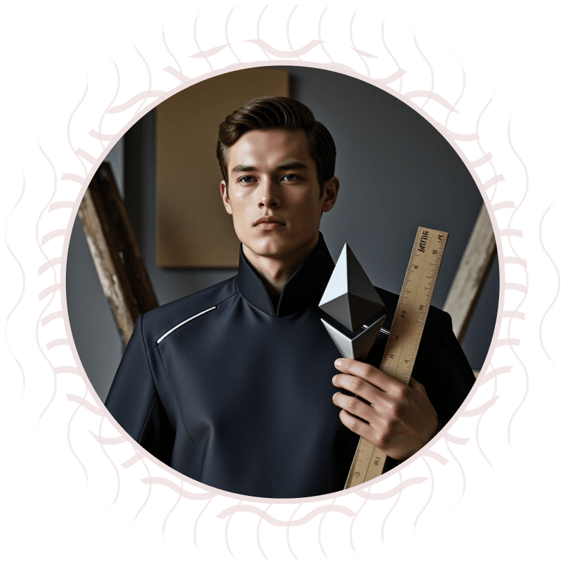 Giovane uomo in abito scuro che tiene un oggetto a forma del logo Ethereum e un righello, simboli di progettazione e innovazione.