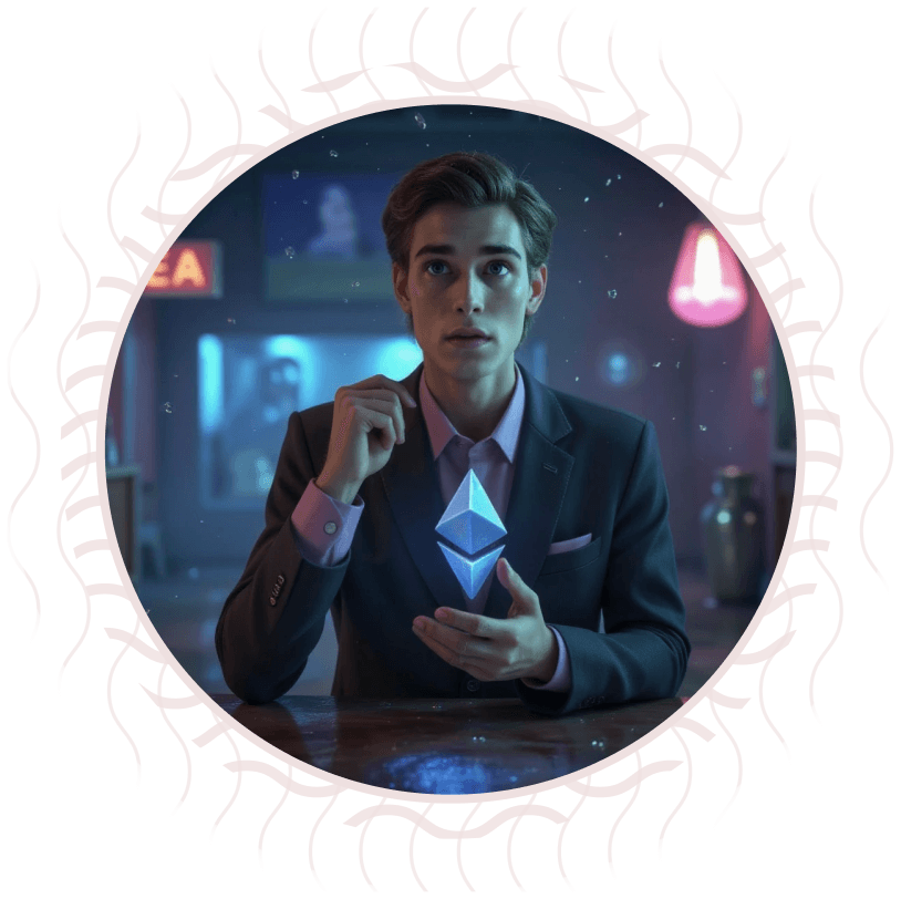 Giovane avvocato in abito elegante, tiene in mano un oggetto luminoso a forma del logo Ethereum, seduto in un ambiente moderno.