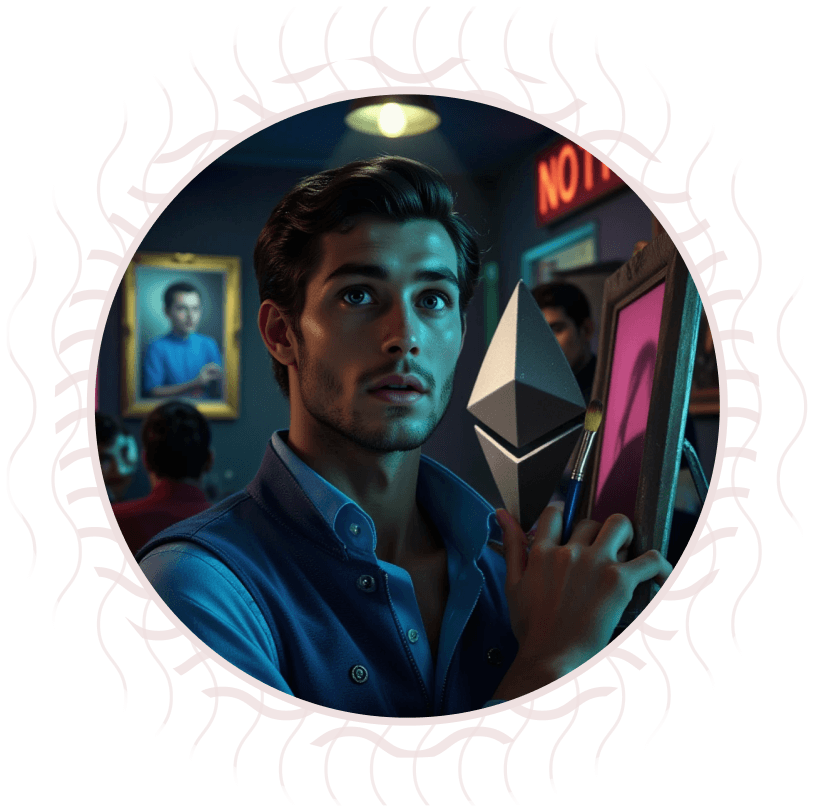 Young artist in a studio, holding an object shaped like the Ethereum logo in front of a tablet displaying a digital artwork.