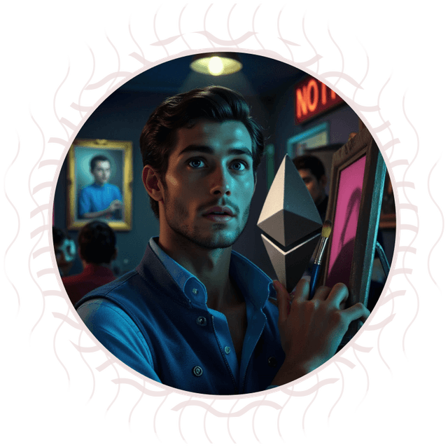 Giovane artista in uno studio, tiene in mano un oggetto a forma del logo Ethereum davanti a un tablet con un'opera digitale.